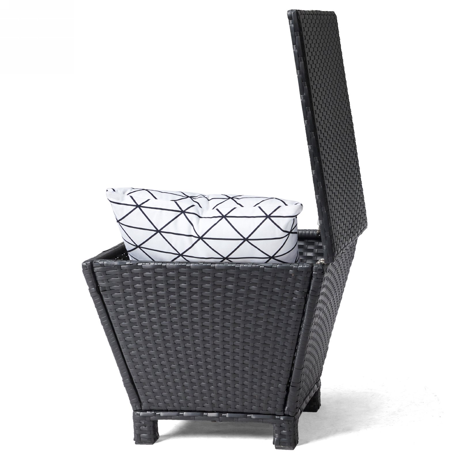 Black outdoor wicker storage side table with open lid and hidden storage compartment