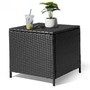 black-outdoor-wicker-storage-side-table-with-lid Black outdoor wicker storage side table with lid and PE rattan patio end table design