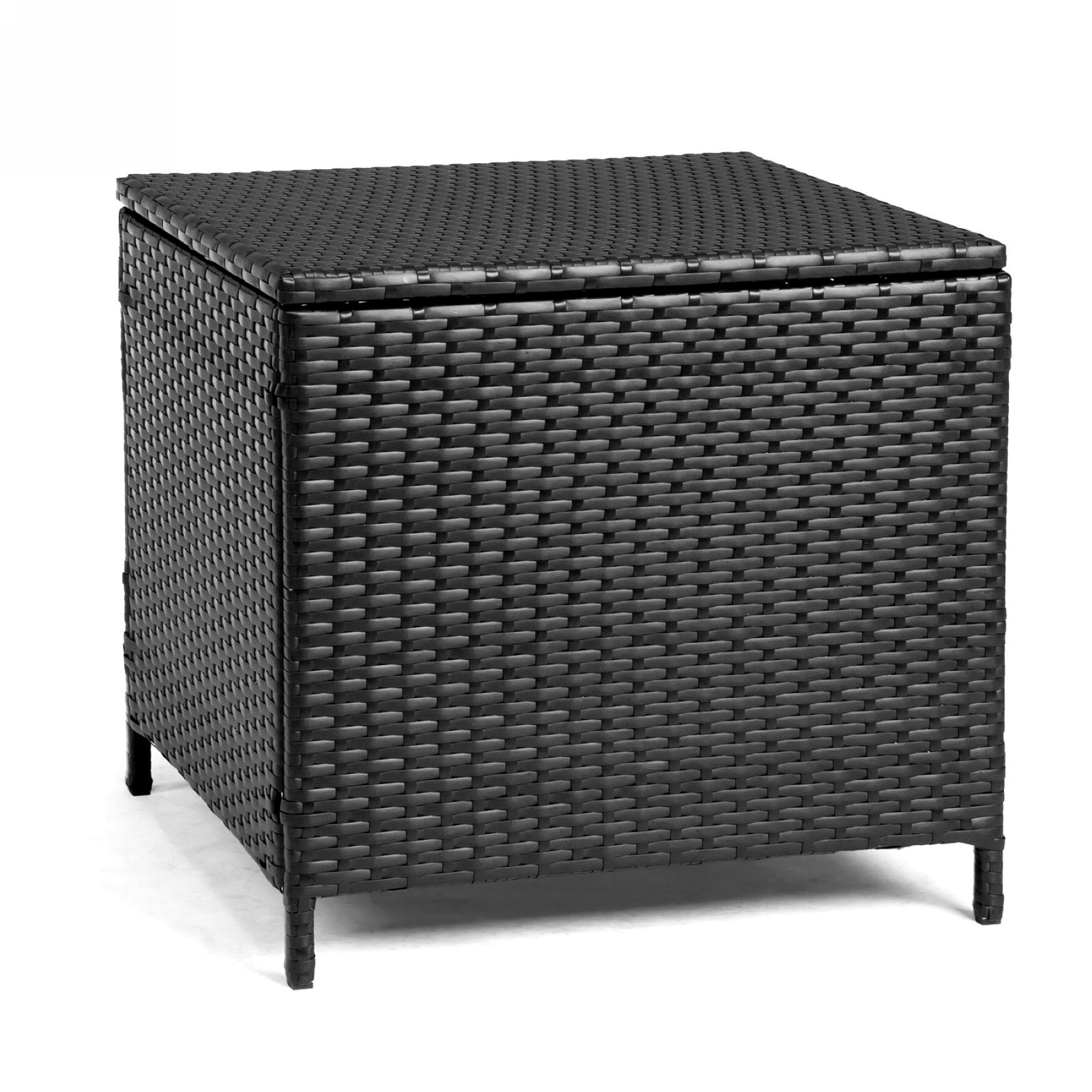 Black outdoor wicker storage side table with lid and PE rattan design on white background