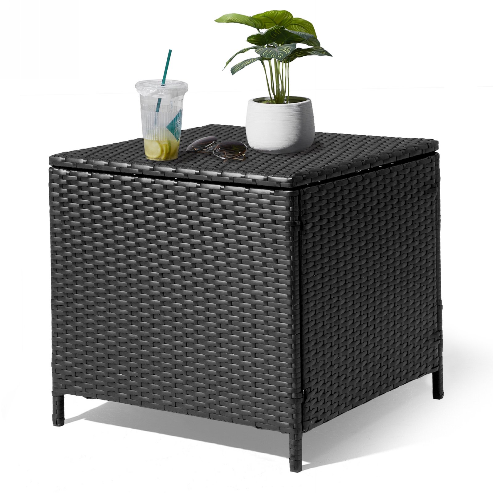 Black outdoor wicker storage side table with lid and PE rattan patio end table design