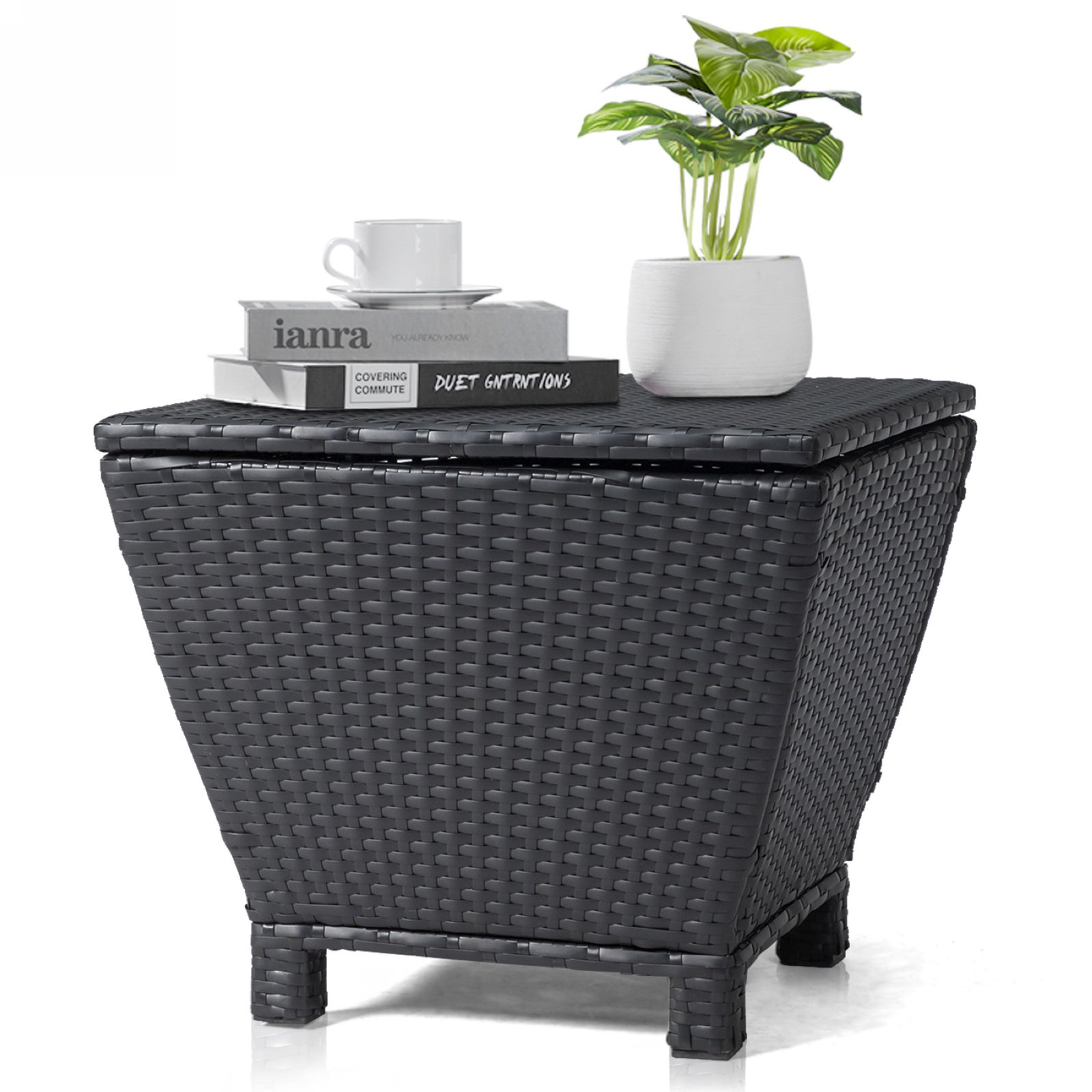 Black outdoor wicker storage side table with lift lid and PE rattan design