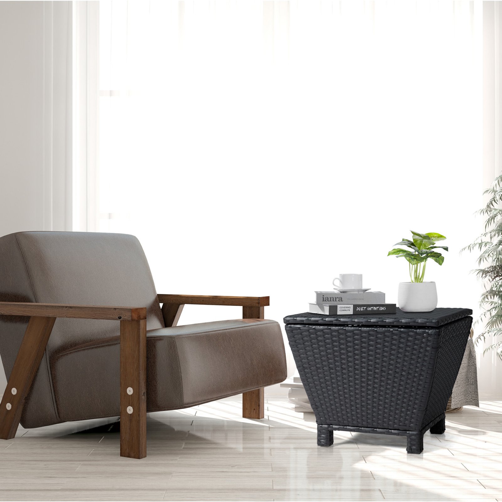 Black wicker storage side table placed beside an armchair in a living room setting