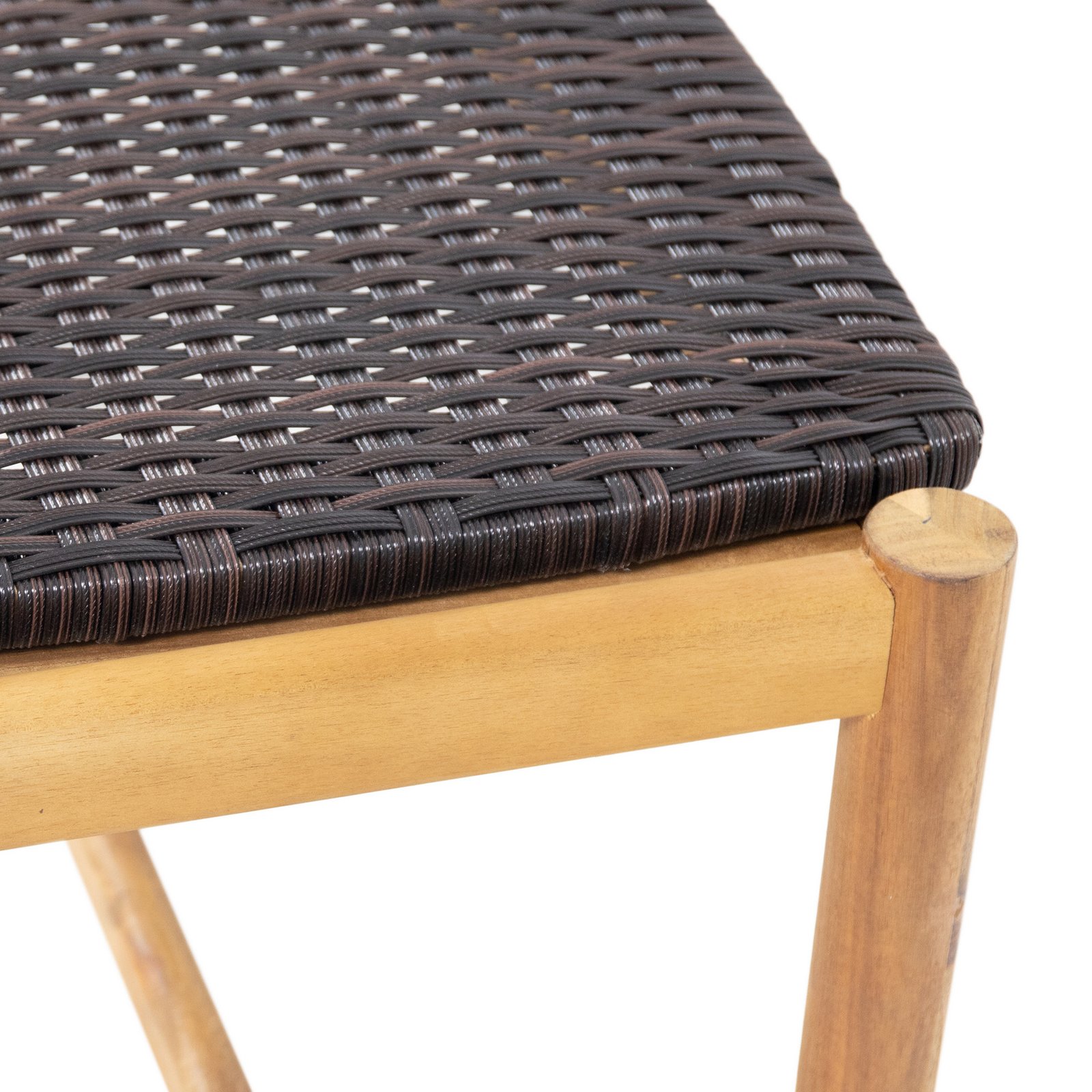 Brown acacia wood bench with rattan seat weave and wooden frame detail