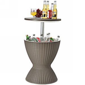 brown-outdoor-wicker-cooler-side-table Brown outdoor wicker cooler side table with 8 gallon ice beverage cooler and adjustable height tabletop
