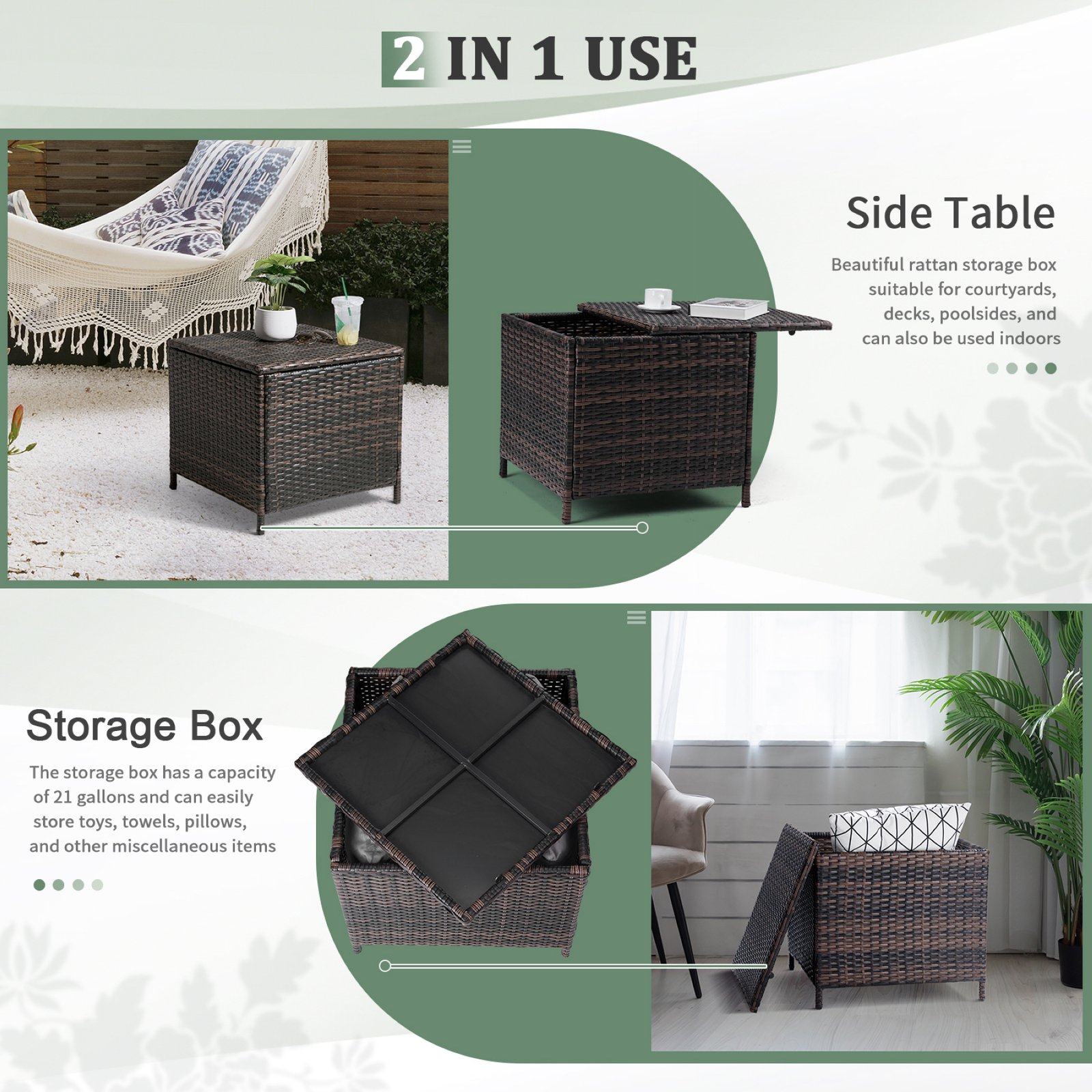 Brown outdoor wicker storage side table with lid featuring 2 in 1 patio table and storage box design