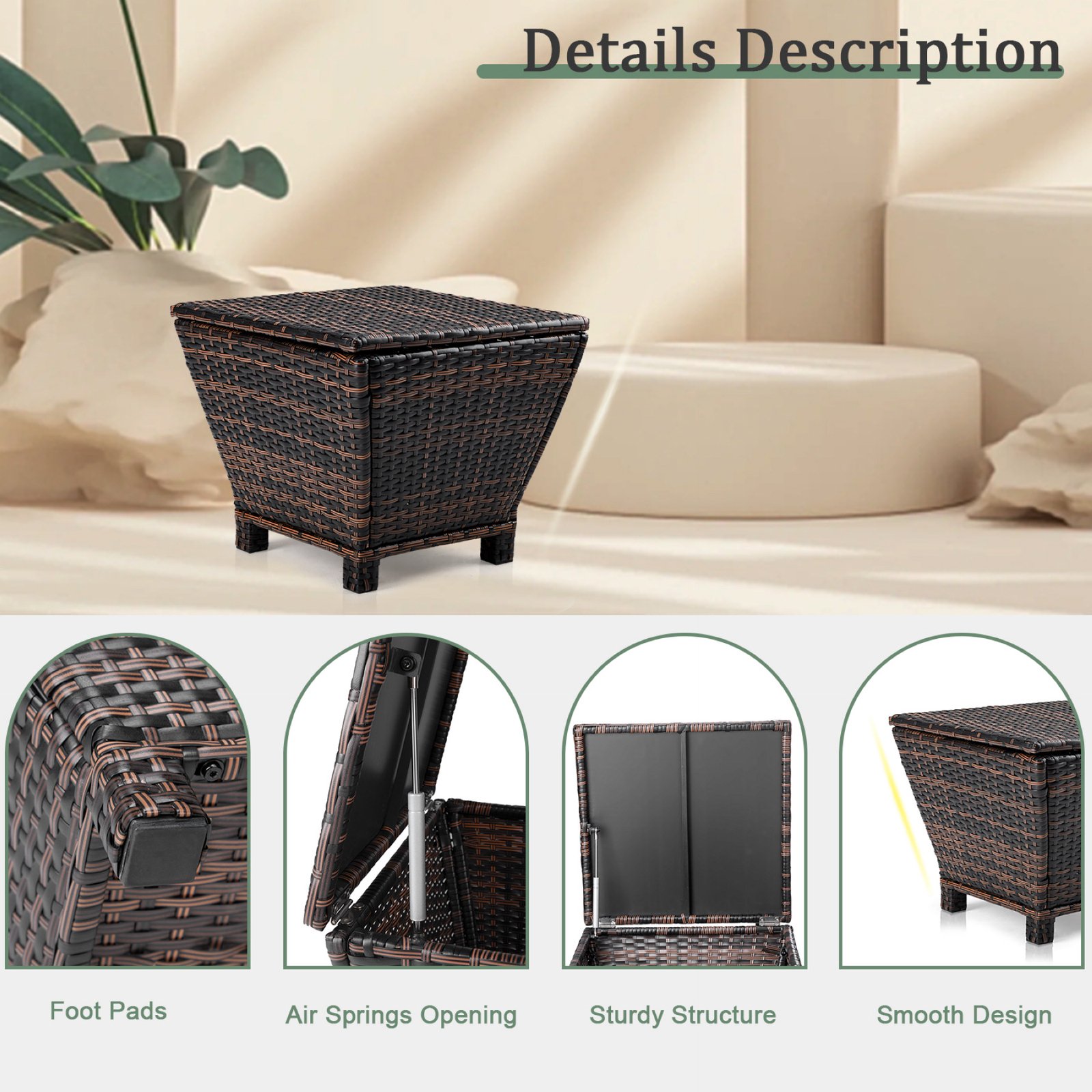 Brown outdoor wicker storage side table with air spring lid support, foot pads, and sturdy design details
