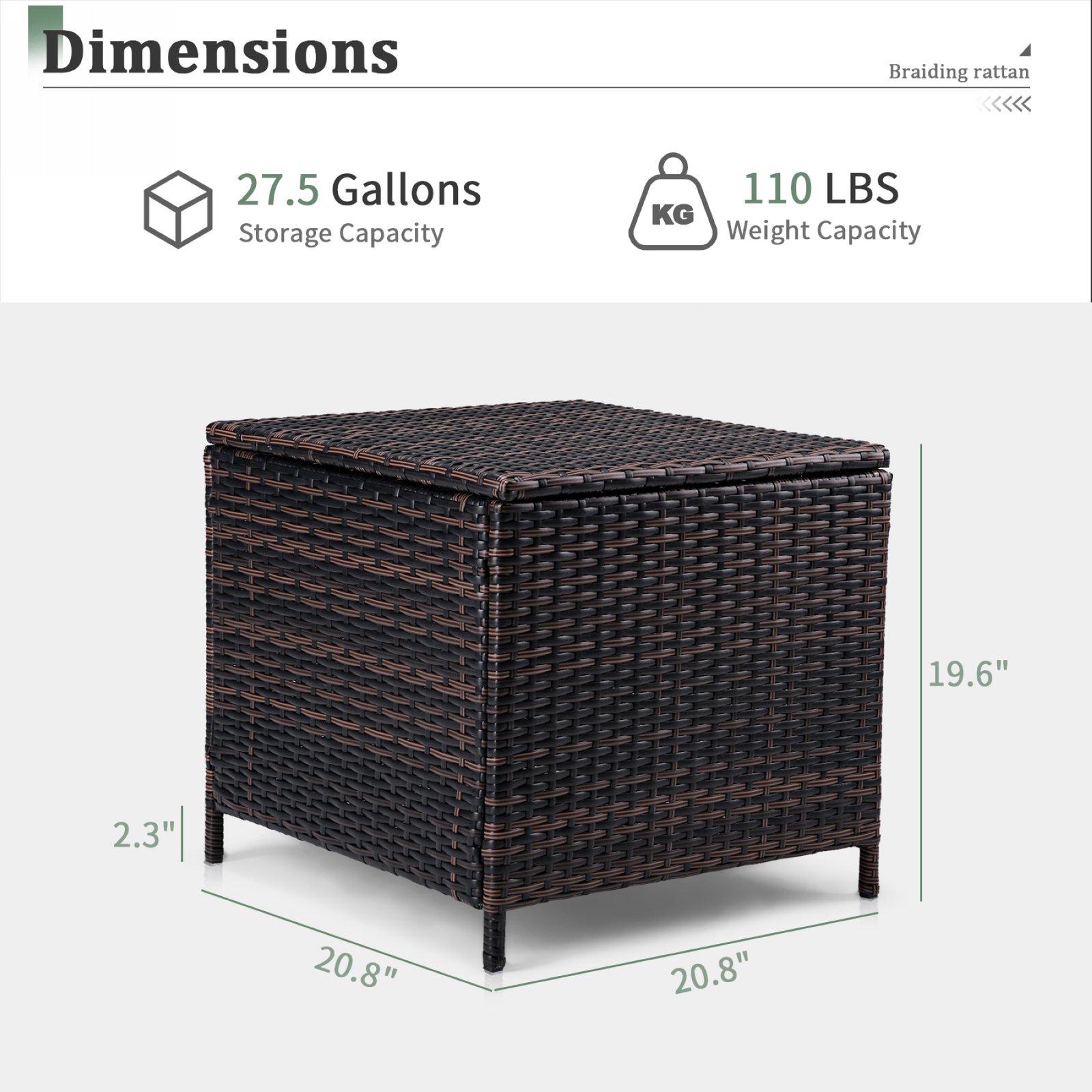Brown outdoor wicker storage side table dimensions with PE rattan weave and storage capacity details