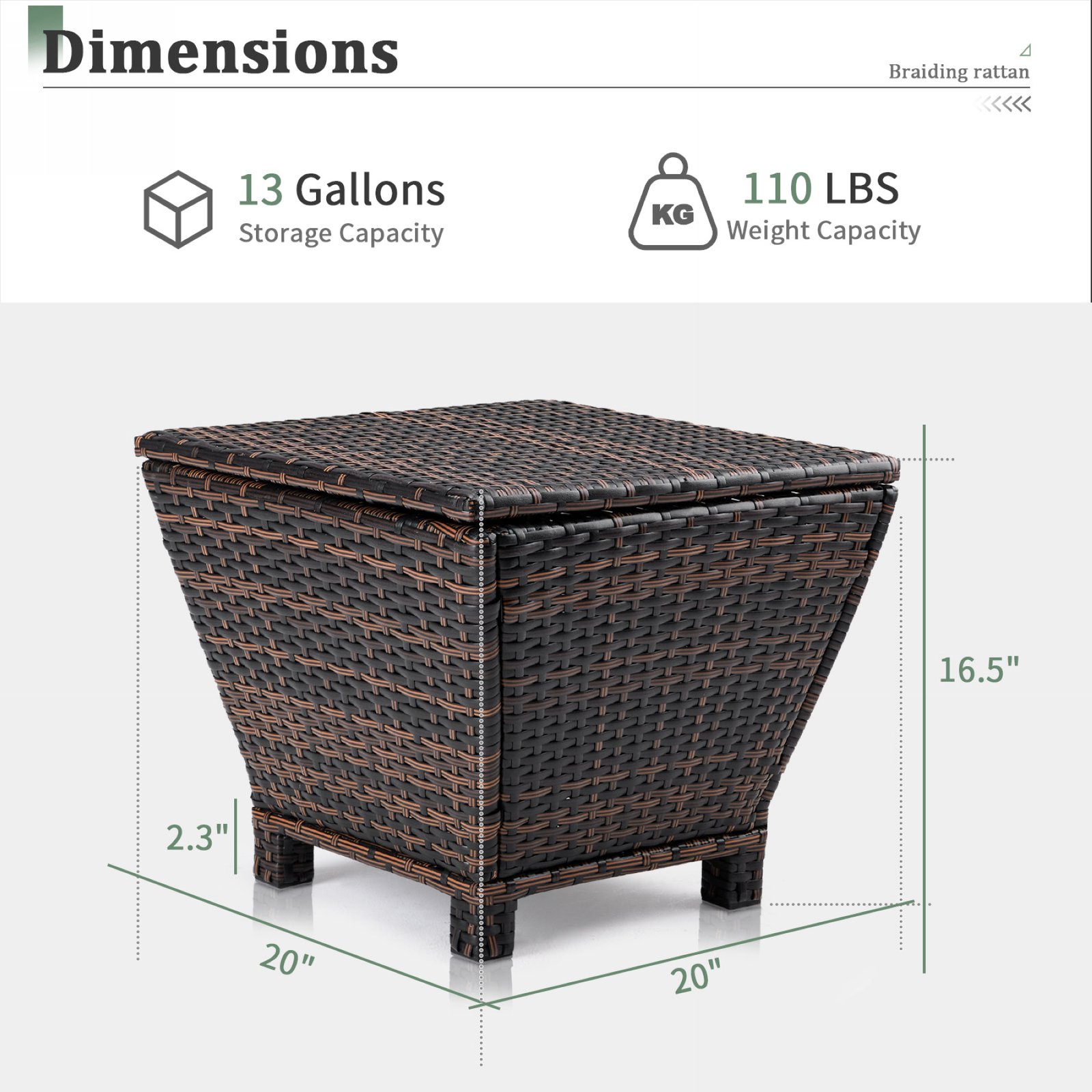Brown outdoor wicker storage side table dimensions with 13-gallon storage capacity and weight capacity