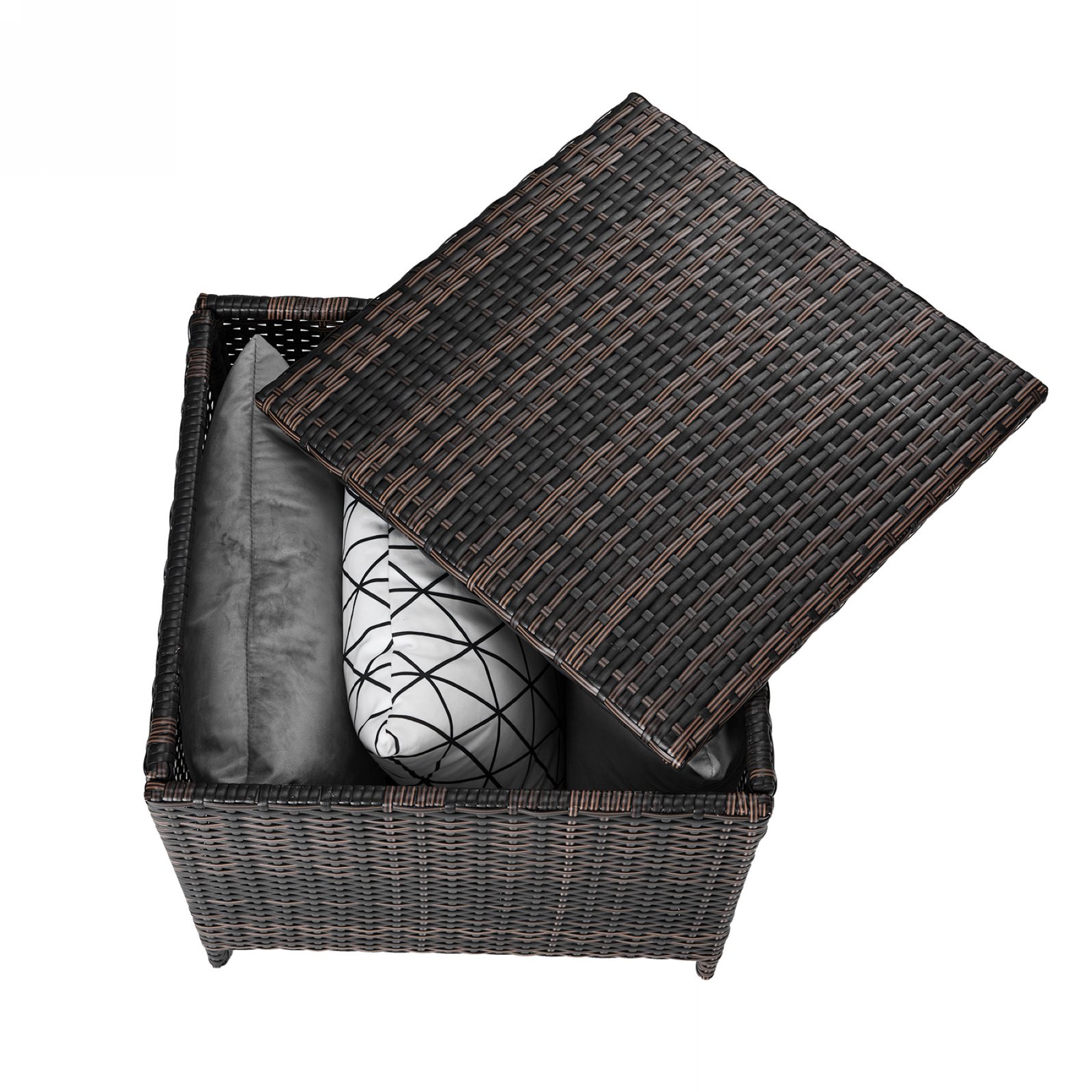 Alt Text Brown outdoor wicker storage side table with open lid showing hidden storage space for cushions