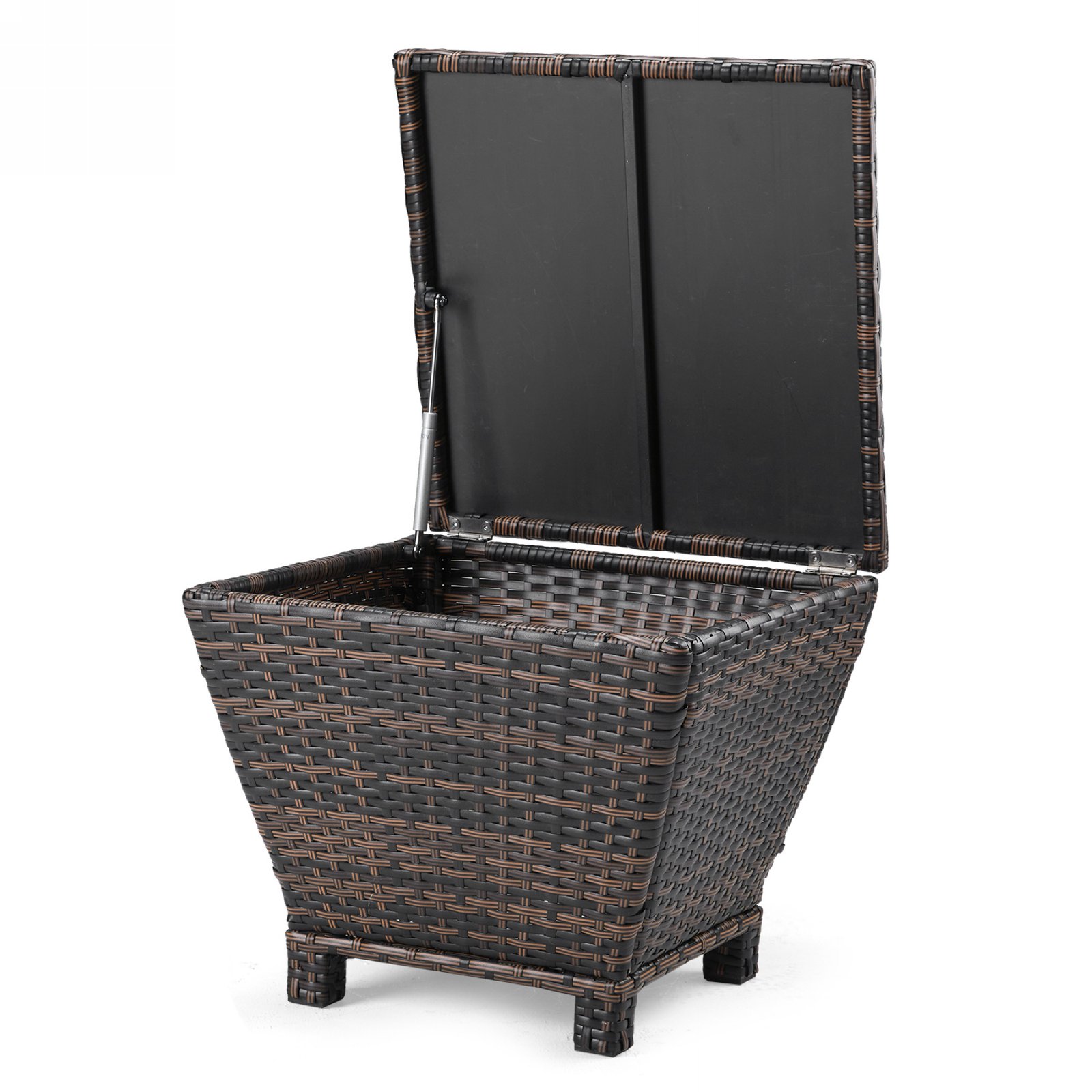 Brown outdoor wicker storage side table with open lid and spacious hidden storage compartment