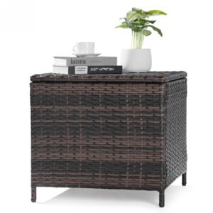 Brown outdoor wicker storage side table with lid and PE rattan design for patio