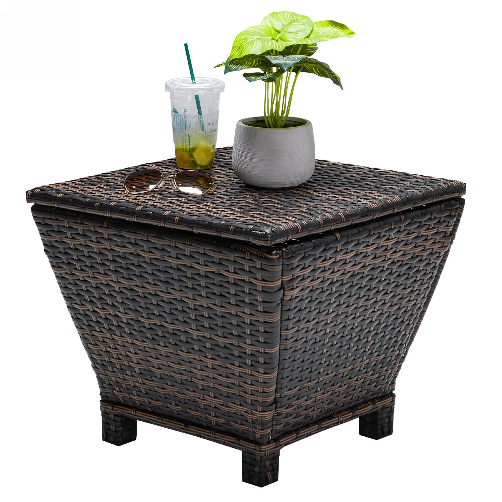 Brown outdoor wicker storage side table with lift lid and handwoven PE rattan design