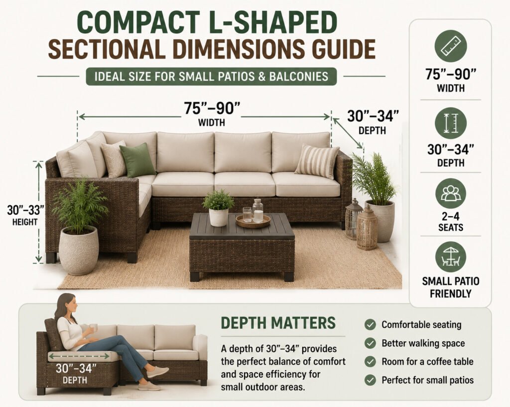 Compact L-shaped outdoor sectional dimensions including width depth and seating capacity