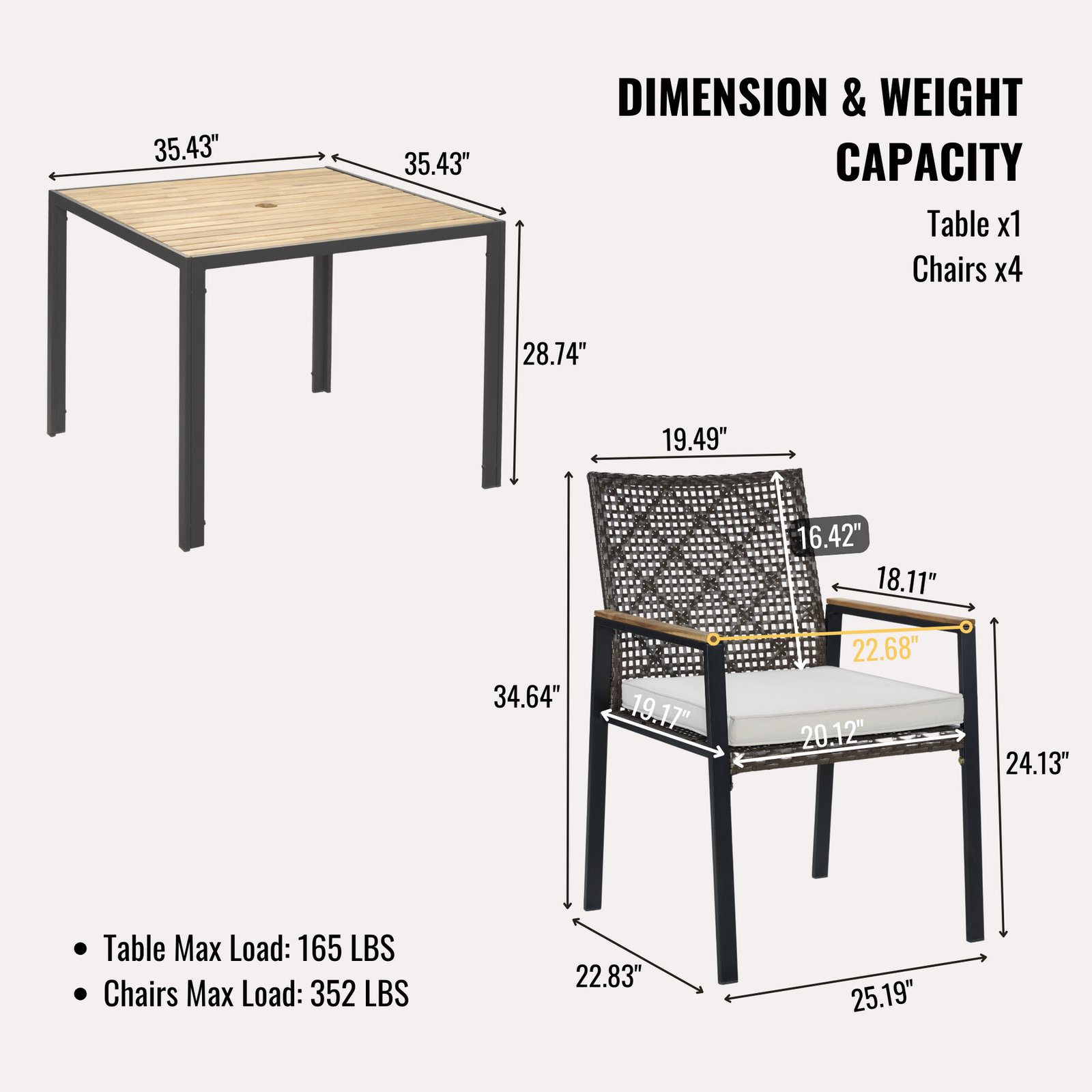 Dimensions and weight capacity chart for the Dark Brown 5-piece outdoor patio dining set with acacia wood table and four all-weather rattan chairs