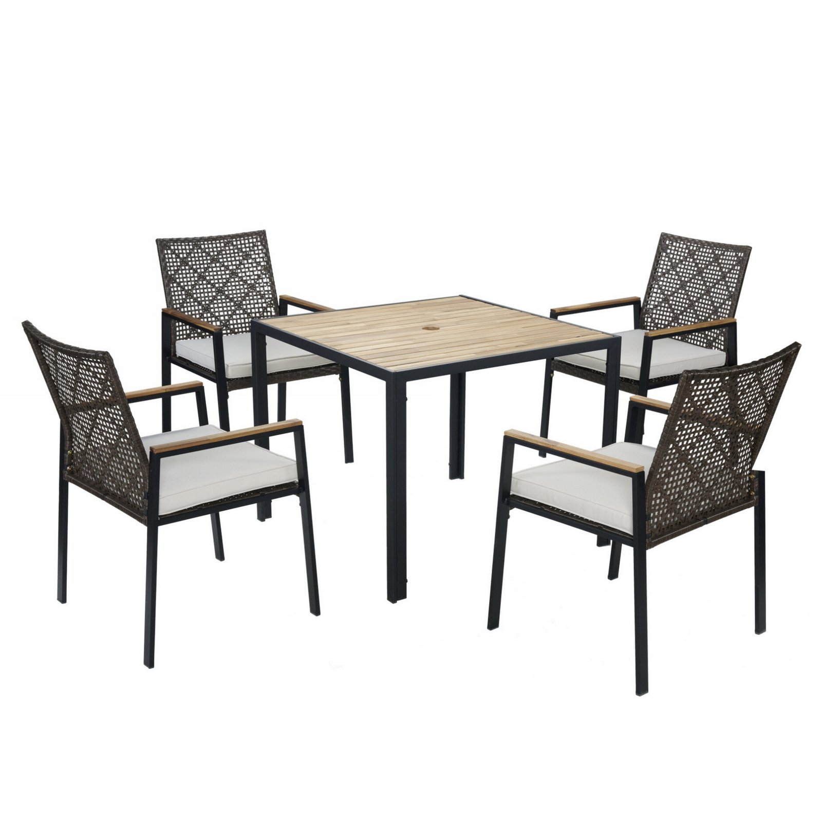 Dark brown 5-piece outdoor patio dining set with an acacia wood table, four all-weather rattan chairs, and umbrella hole on a white background.
