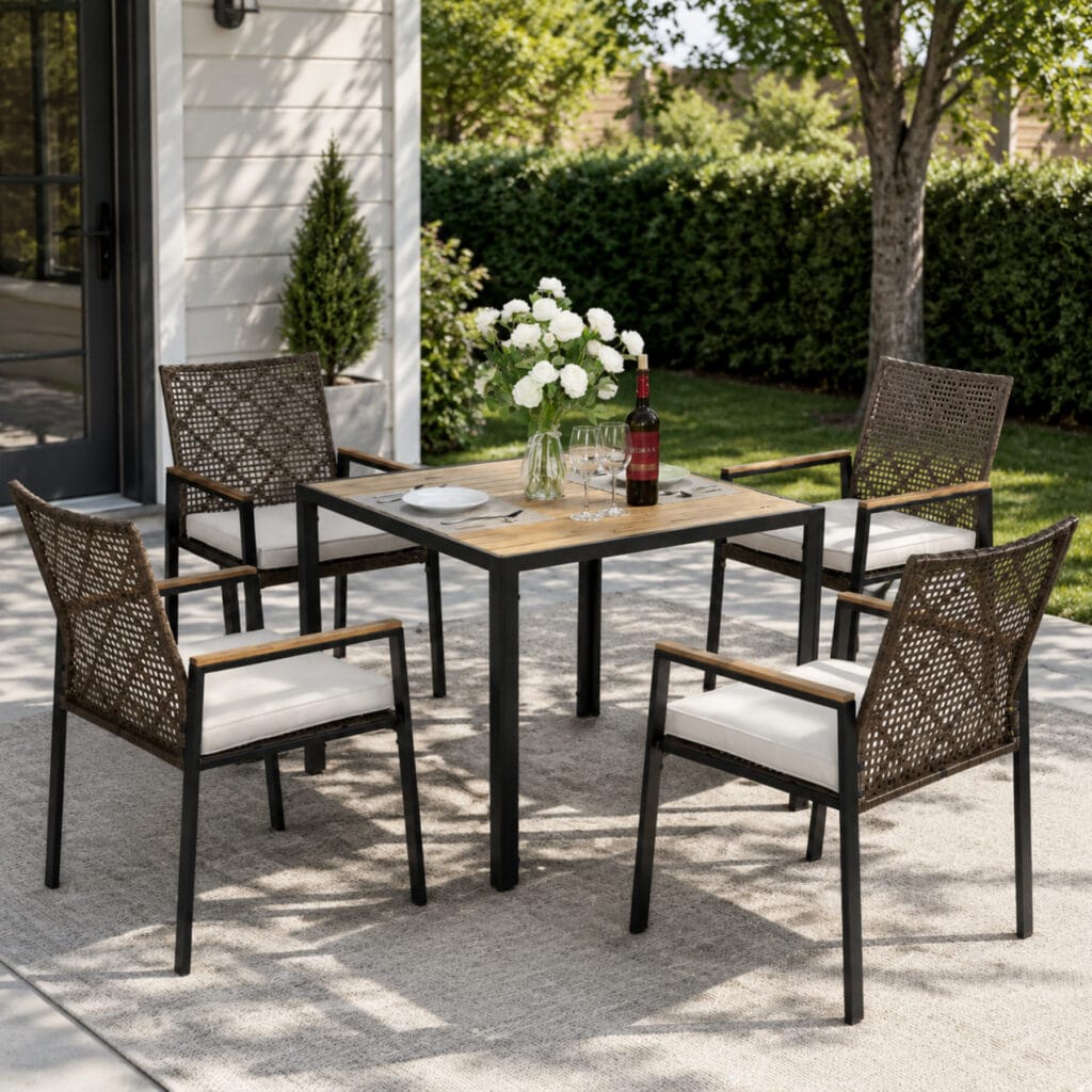 Dark brown 5-piece outdoor patio dining set with acacia wood table and umbrella hole, all-weather rattan furniture for 4 in a backyard patio