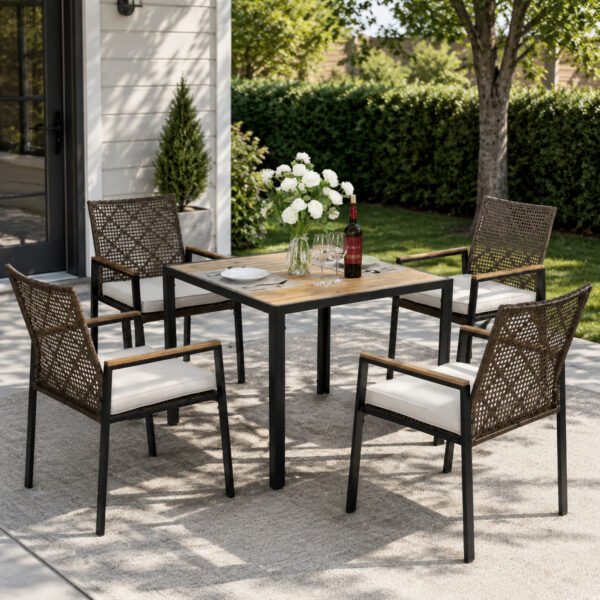 Dark brown 5-piece outdoor patio dining set with acacia wood table and umbrella hole, all-weather rattan furniture for 4 in a backyard patio