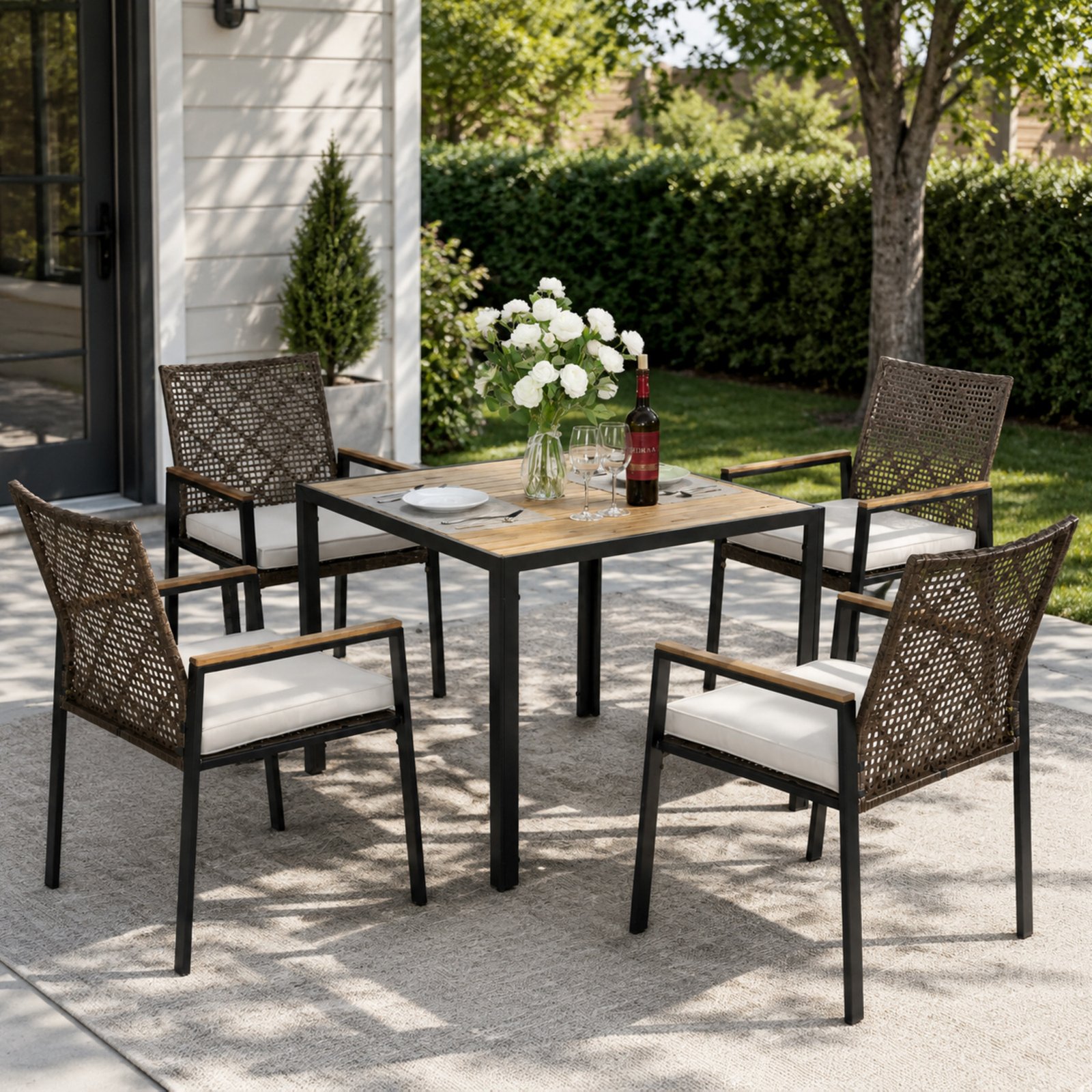 Dark brown 5-piece outdoor patio dining set with acacia wood table and umbrella hole, all-weather rattan furniture for 4 in a backyard patio