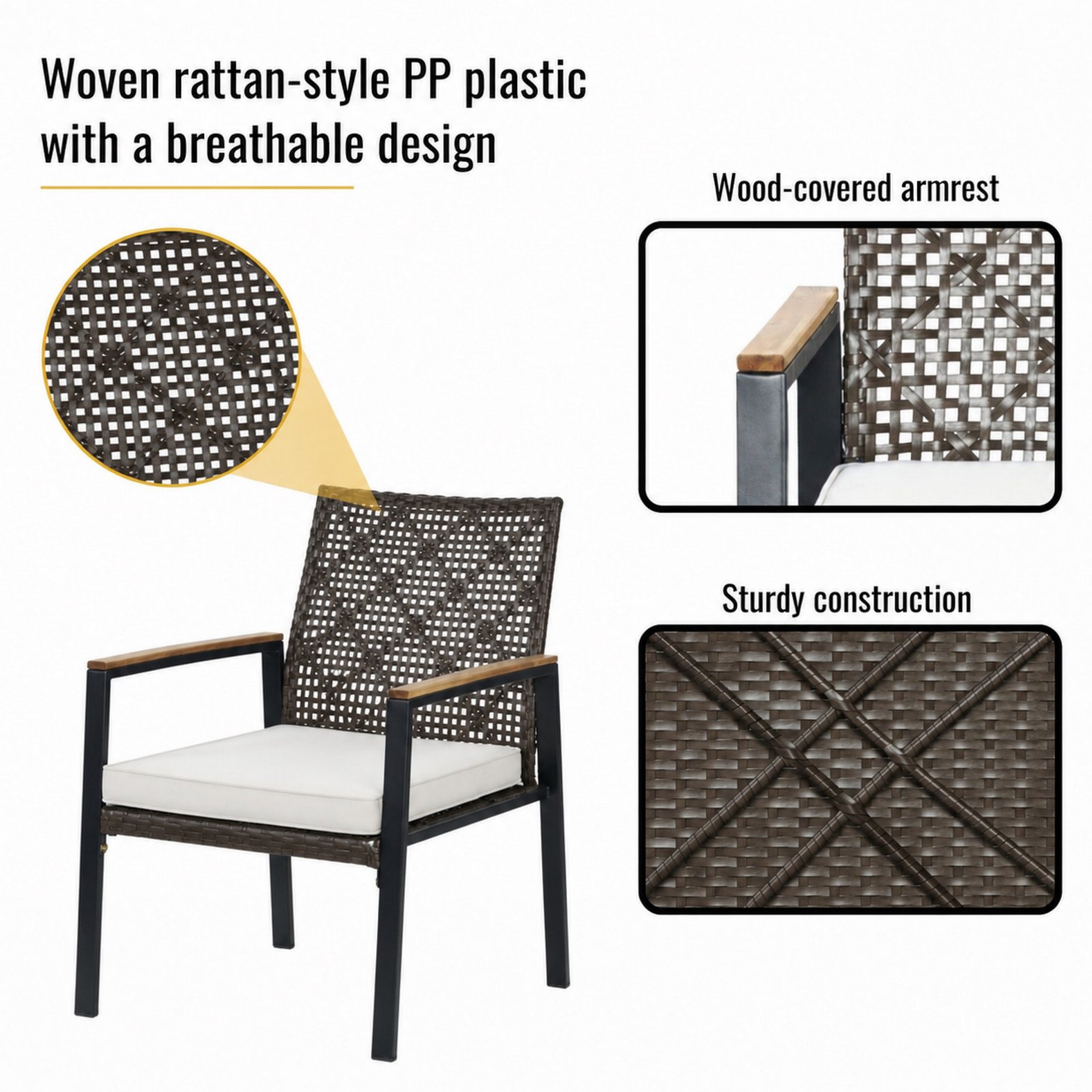 Close-up of the Dark Brown outdoor rattan dining chair highlighting the breathable woven PP plastic backrest, wood-covered armrests, and sturdy construction.