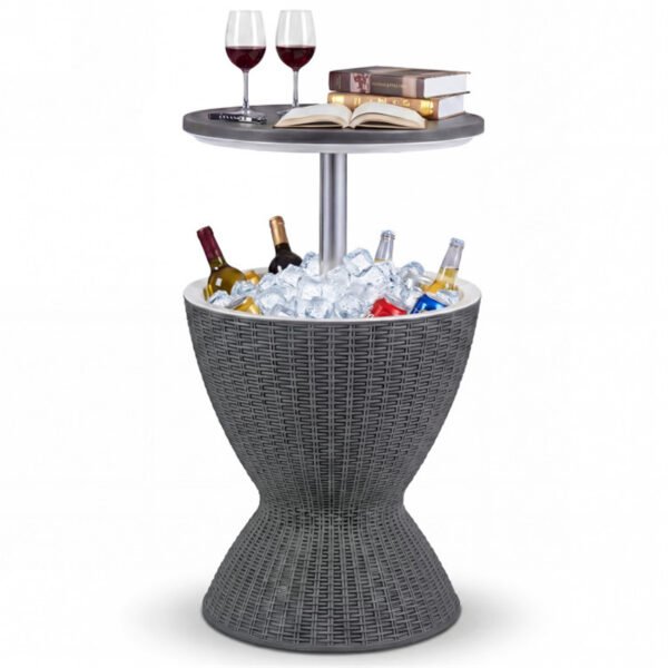 Gray outdoor wicker cooler side table with 8 gallon ice beverage cooler and adjustable tabletop