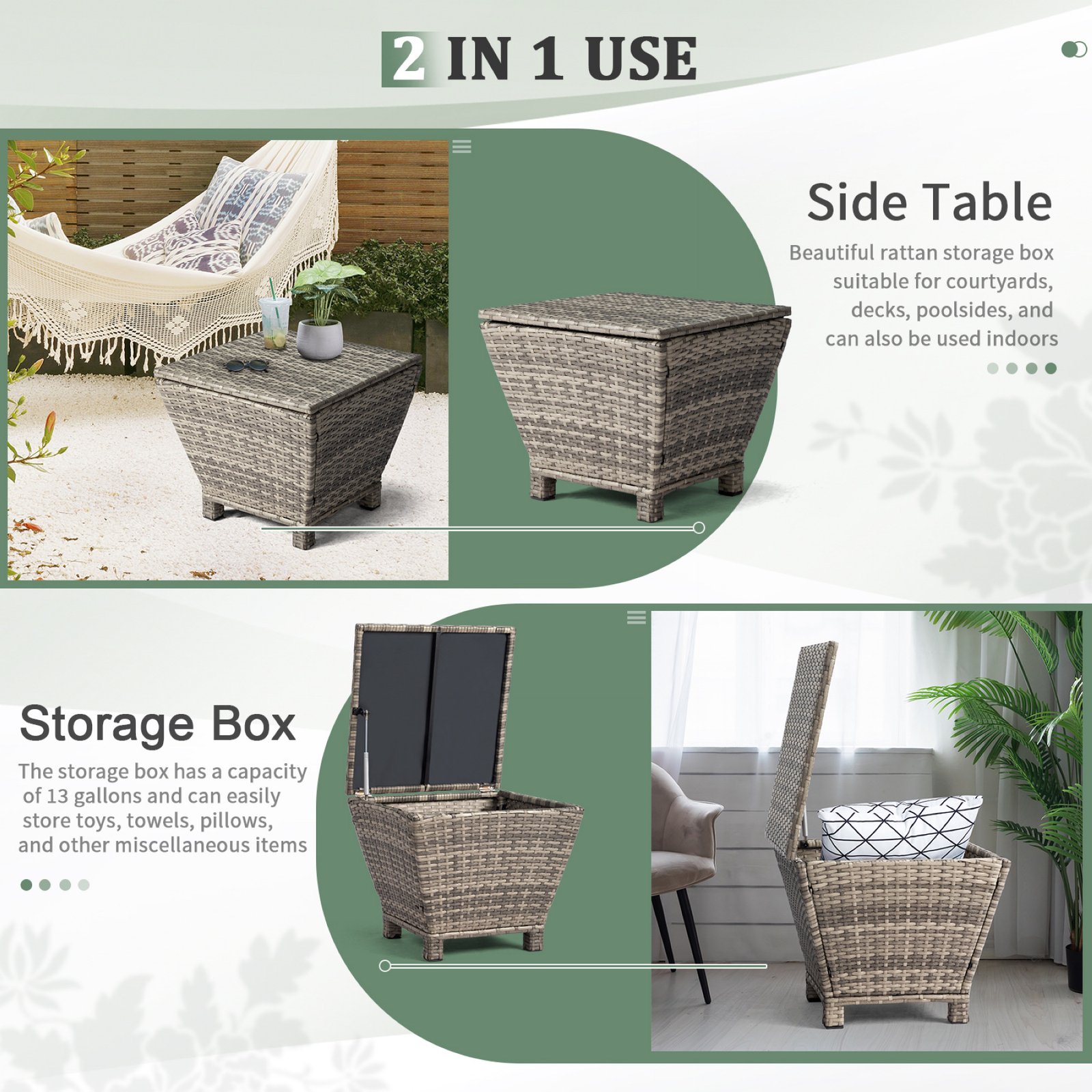 Gray outdoor wicker storage side table with 2-in-1 design for patio seating and 13-gallon storage
