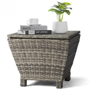 Gray outdoor wicker storage side table with lift lid and handwoven PE rattan design
