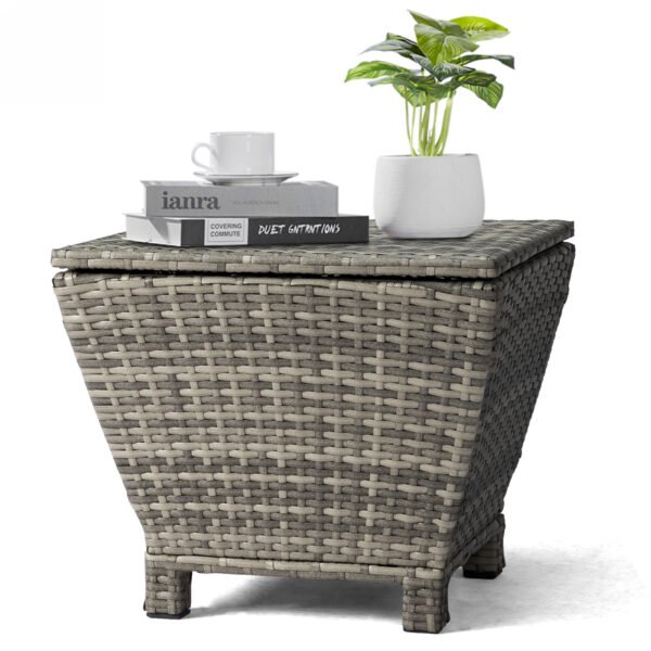 Gray outdoor wicker storage side table with lift lid and handwoven PE rattan design