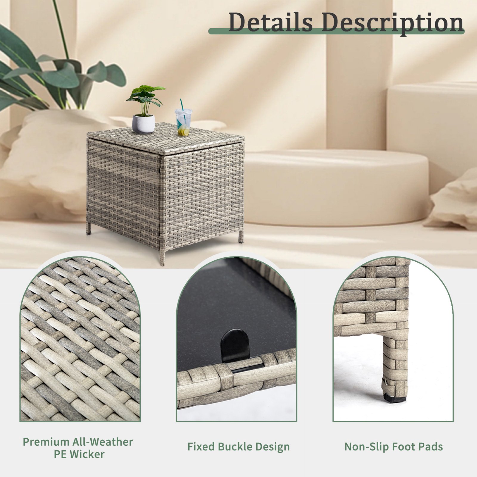 Gray outdoor wicker storage side table with all-weather PE wicker, fixed buckle design and non-slip feet