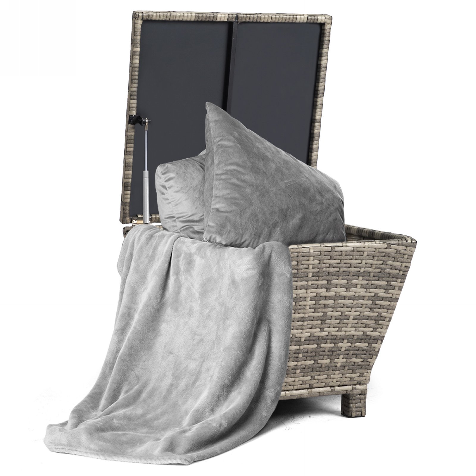 Gray outdoor wicker storage side table with open lid storing patio cushions inside