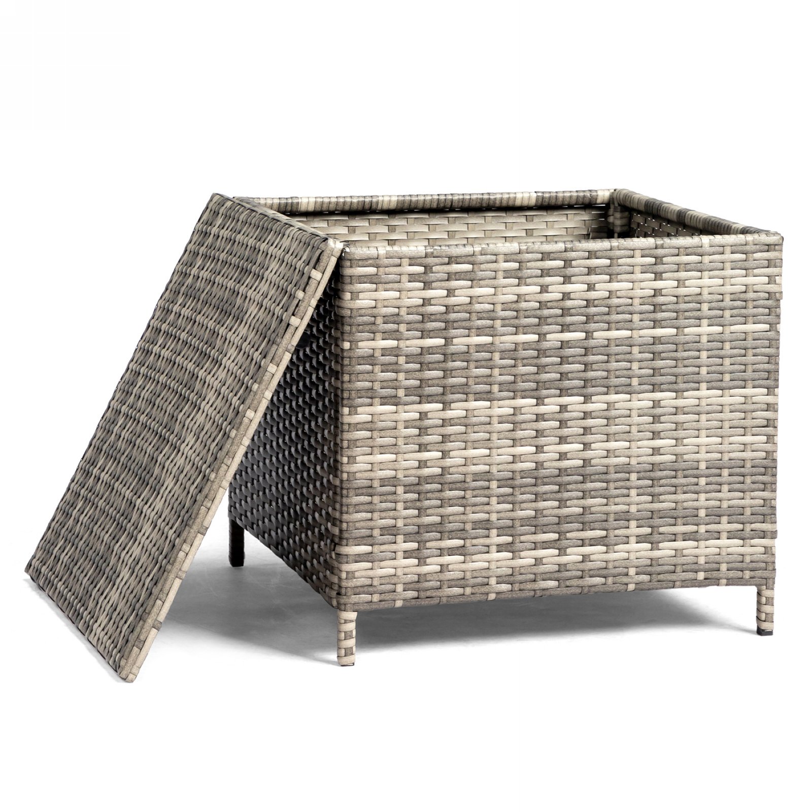 Gray outdoor wicker storage side table with open lid showing hidden patio storage space