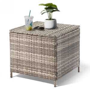 Gray outdoor wicker storage side table with lid and PE rattan patio end table design