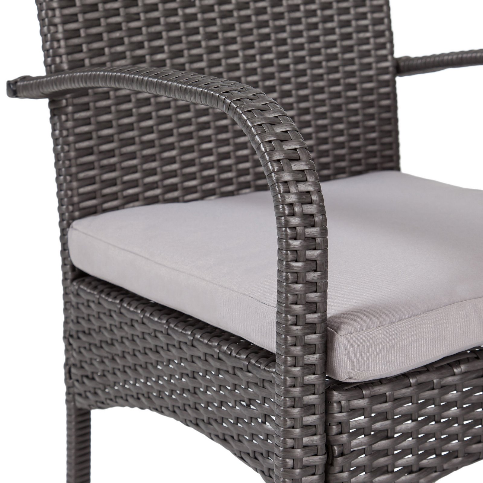Close-up of gray PE wicker outdoor dining chair armrest detail, showing woven rattan texture and durable patio furniture construction