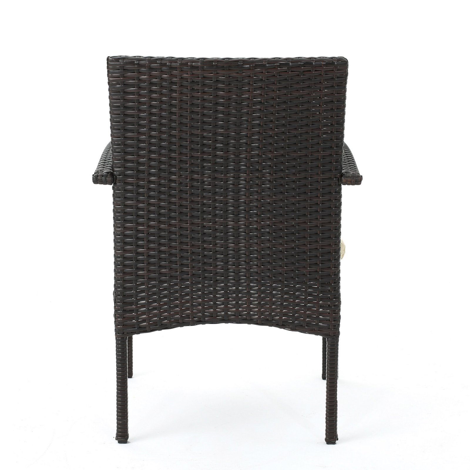 Back view of gray PE wicker outdoor dining chair with cushion, weather-resistant patio chair for garden, deck, and balcony seating