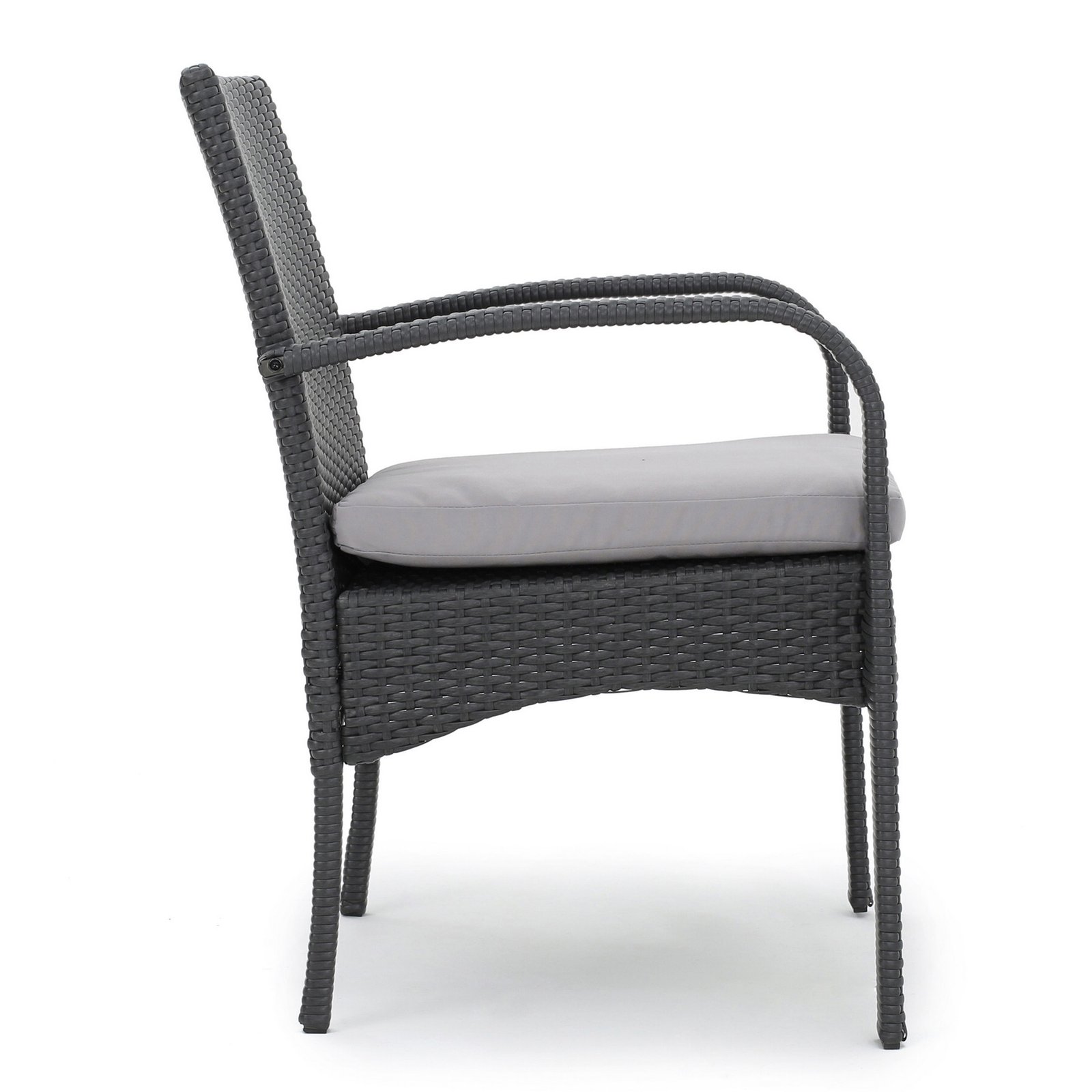 Side view of gray PE wicker outdoor dining chair with cushion, weather-resistant patio chair for garden, deck, and balcony seating
