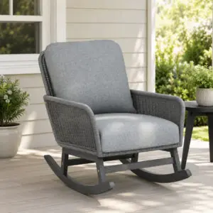 gray-wicker-rocking-chair-with-cushion-outdoor-patio Gray wicker rocking chair with soft cushions and wooden rocking frame for outdoor patio
