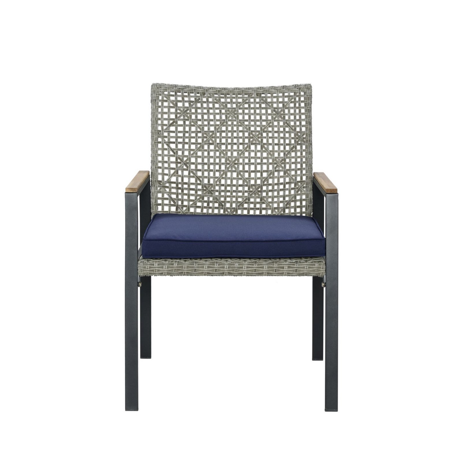 Front view of the Light Gray outdoor patio dining chair with a woven rattan back, cushioned seat, and acacia wood armrests.
