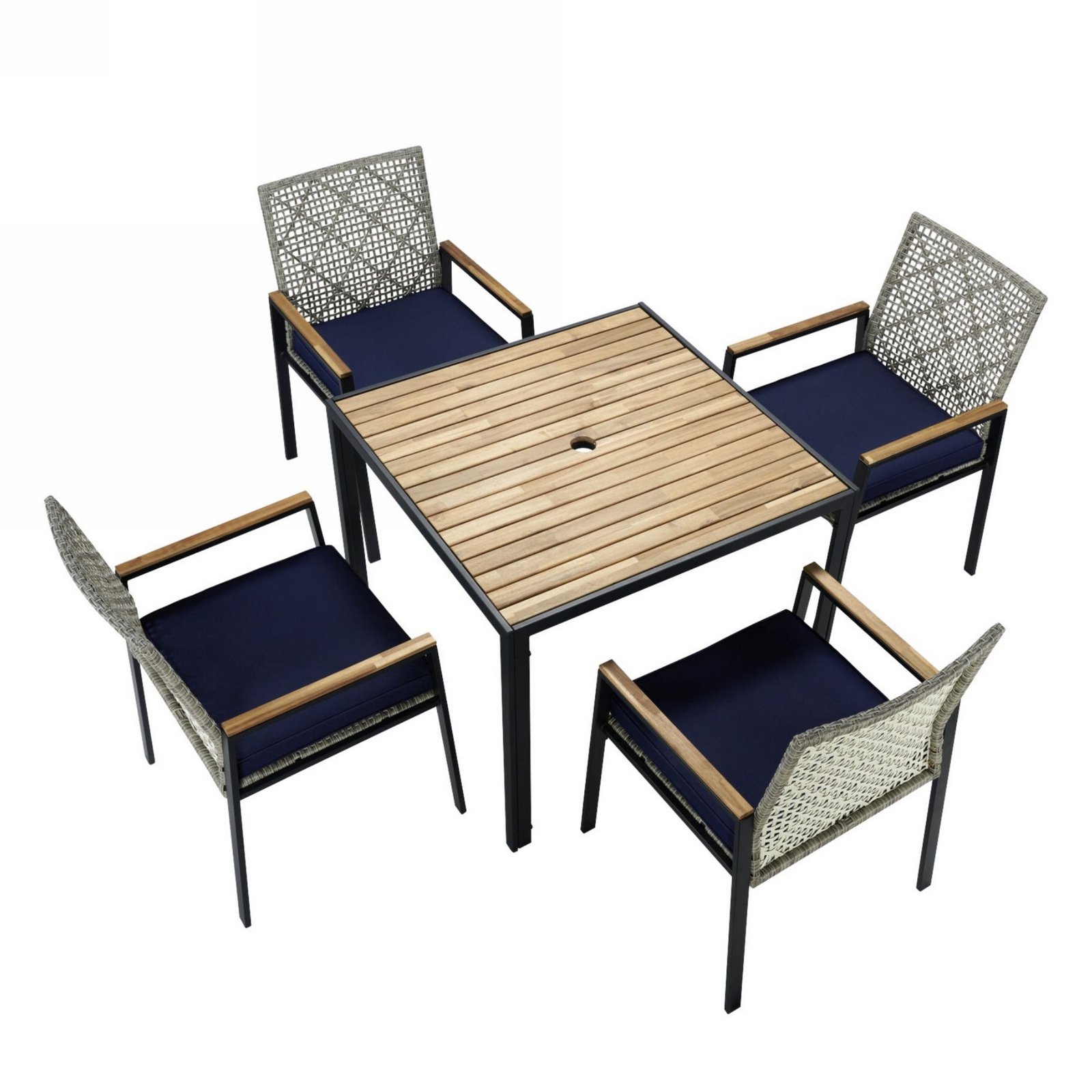 Light gray 5-piece outdoor patio dining set with an acacia wood table, four all-weather rattan chairs, and umbrella hole on a white background.