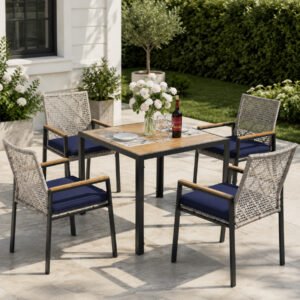 light-gray-rattan-5-piece-patio-dining-set-acacia-table Light Gray 5-piece outdoor patio dining set with acacia wood table and umbrella hole, all-weather rattan furniture for 4 in a backyard patio
