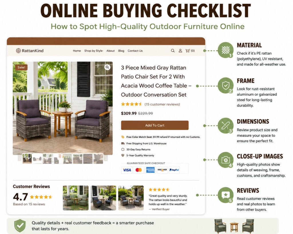 Online buying checklist showing how to identify high-quality outdoor furniture by checking material, frame, dimensions, images, and customer reviews