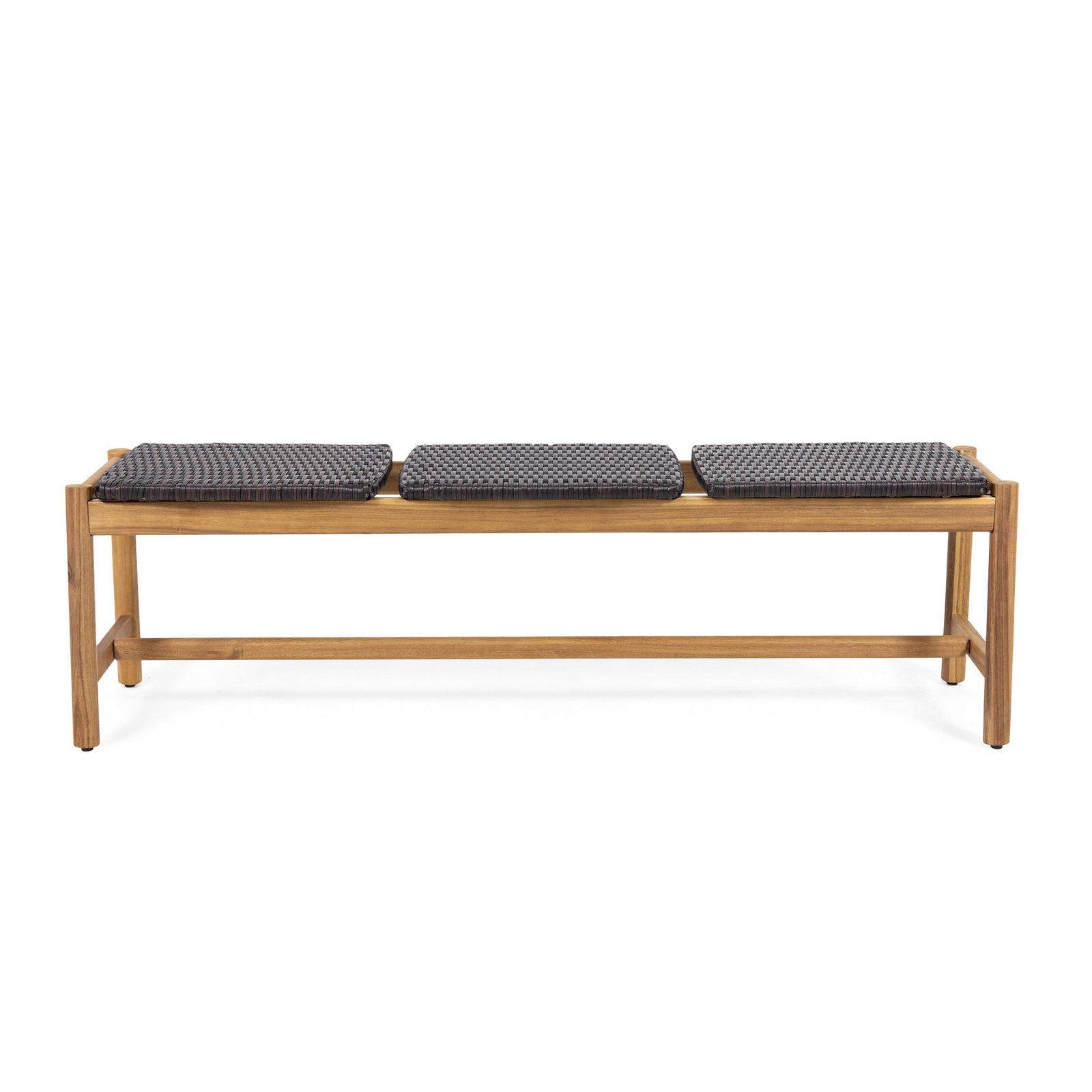 Front view of outdoor acacia wood bench with brown rattan accents for 3 seater patio seating