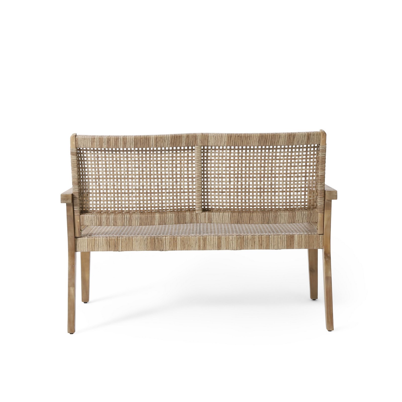 Back view of outdoor acacia wood loveseat with wicker seating for porch and backyard