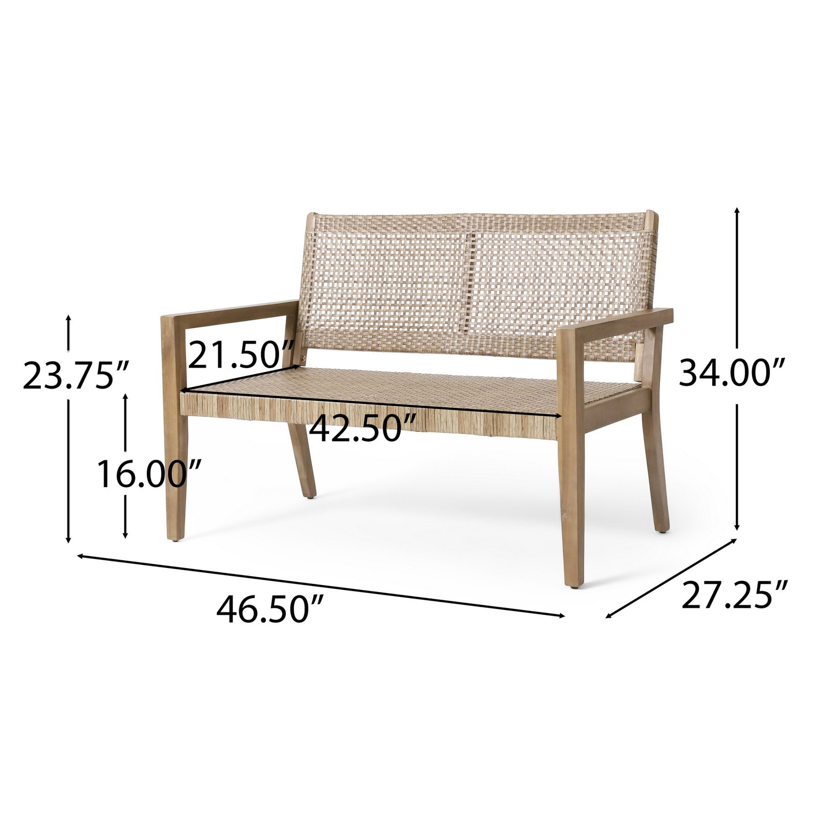 Outdoor acacia wood loveseat with wicker seating dimensions and measurements for patio and backyard use