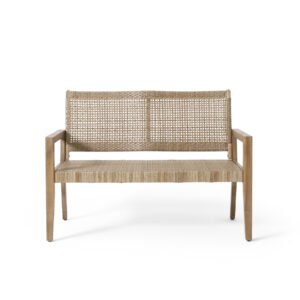 outdoor-acacia-wood-loveseat-front-view Front view of outdoor acacia wood loveseat with wicker seating for porch and backyard