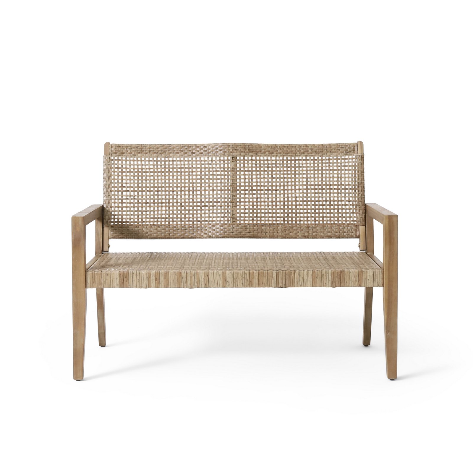 Front view of outdoor acacia wood loveseat with wicker seating for porch and backyard