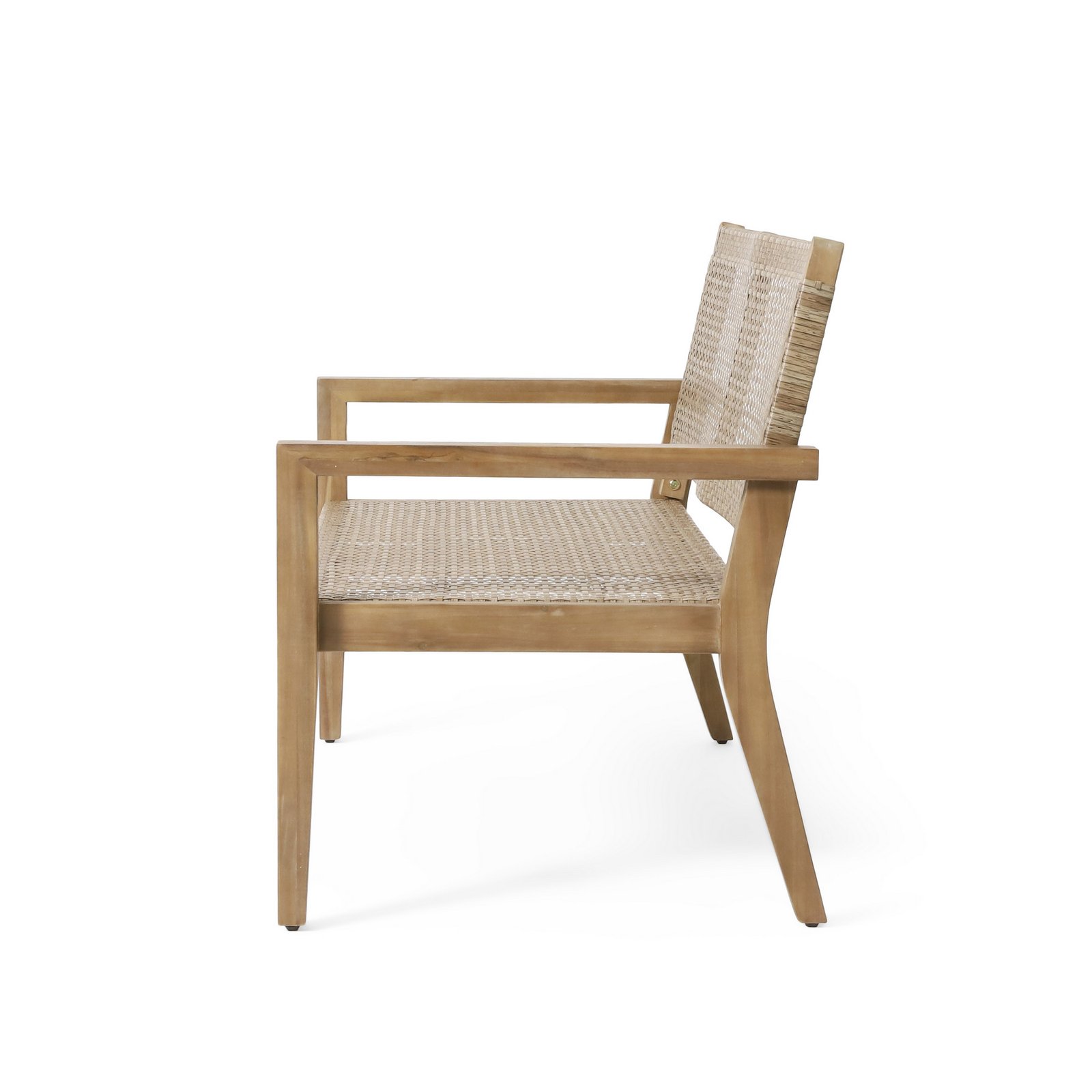 Side view of outdoor acacia wood loveseat with wicker seating for porch and backyard
