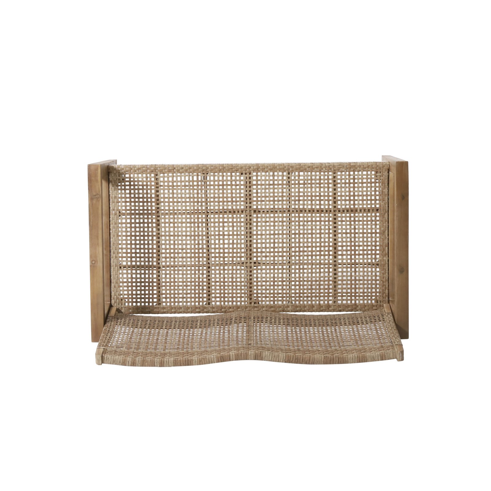 Top view of outdoor acacia wood loveseat with wicker seating for patio and backyard