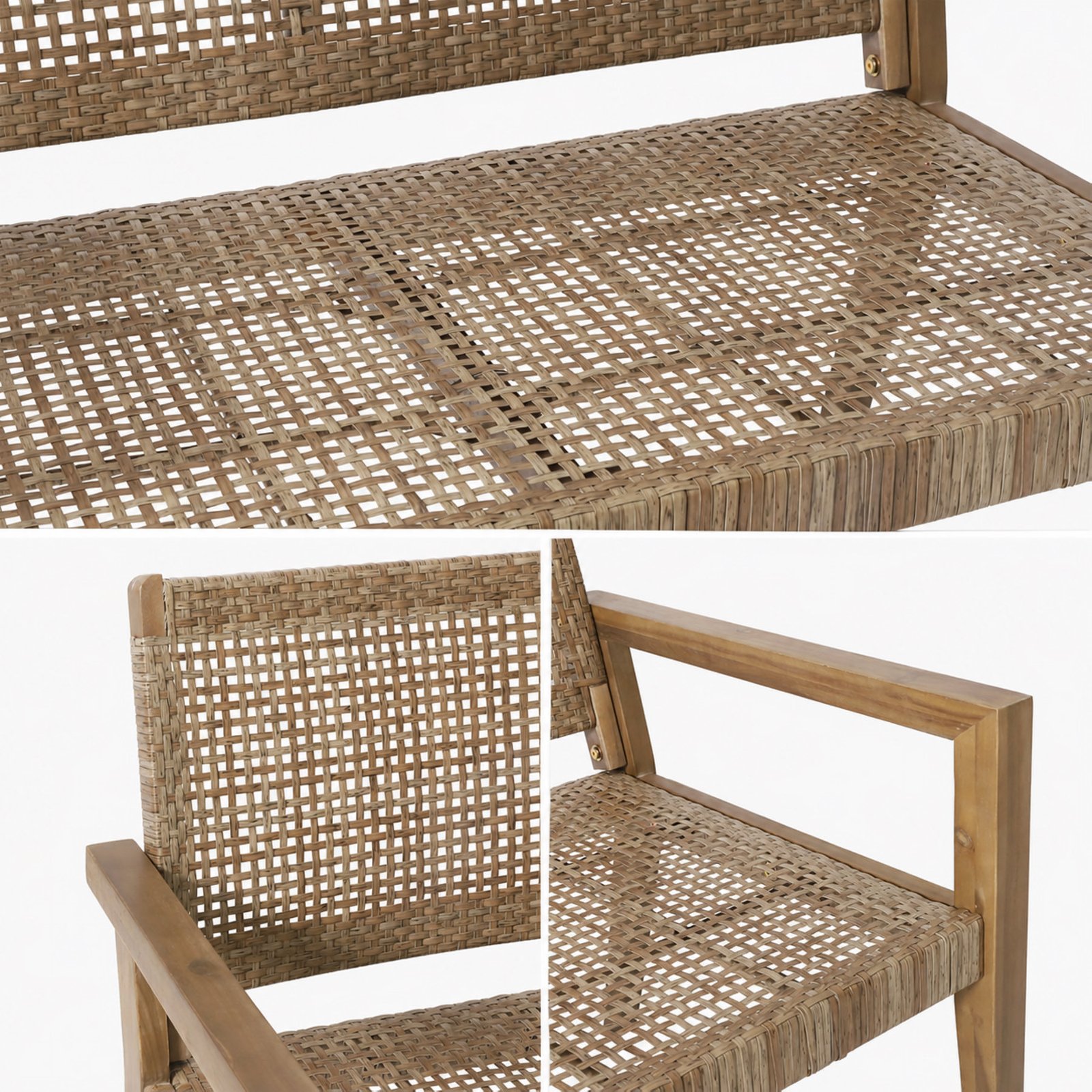 Close-up details of outdoor acacia wood loveseat with woven wicker seating, backrest, and armrest design