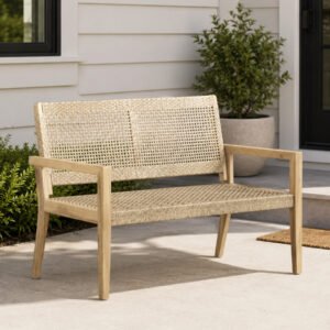 Outdoor acacia wood loveseat with wicker seating for porch patio and backyard