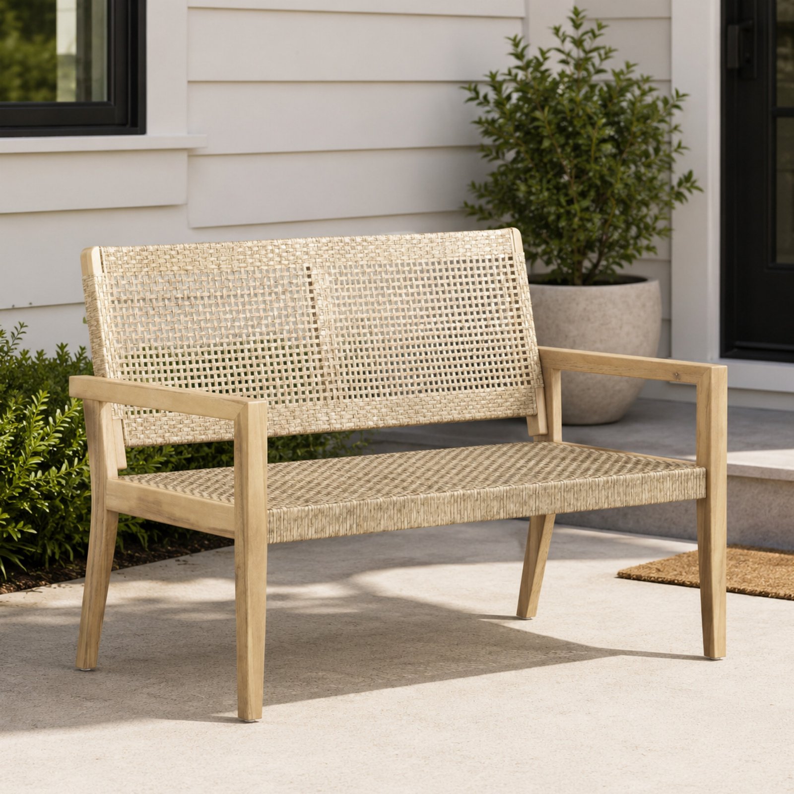 Outdoor acacia wood loveseat with wicker seating for porch patio and backyard