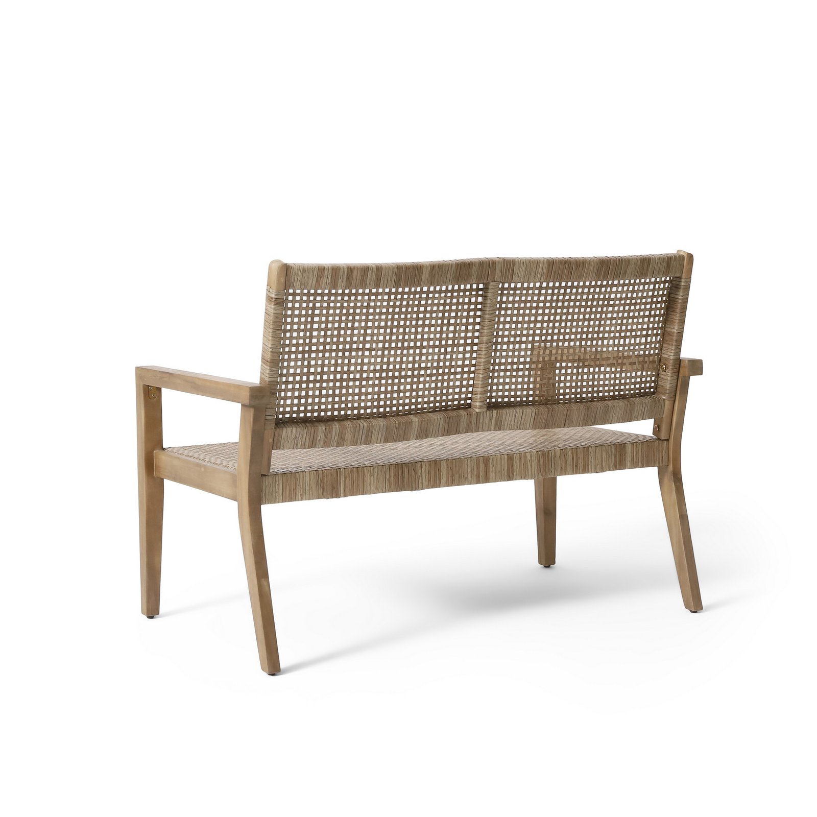 Outdoor acacia wood loveseat with wicker seating shown from a 45 degree back view on white background